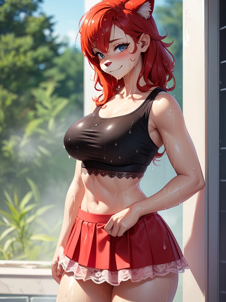 score_9,score_8_up,score_7_up, big breasts, beautiful Woman, ((redhead, sad smile)), (((furry_shoulderless_croptop))), (((lace_skirt))), fullbody shot, (((after_shower, wet_hair)))