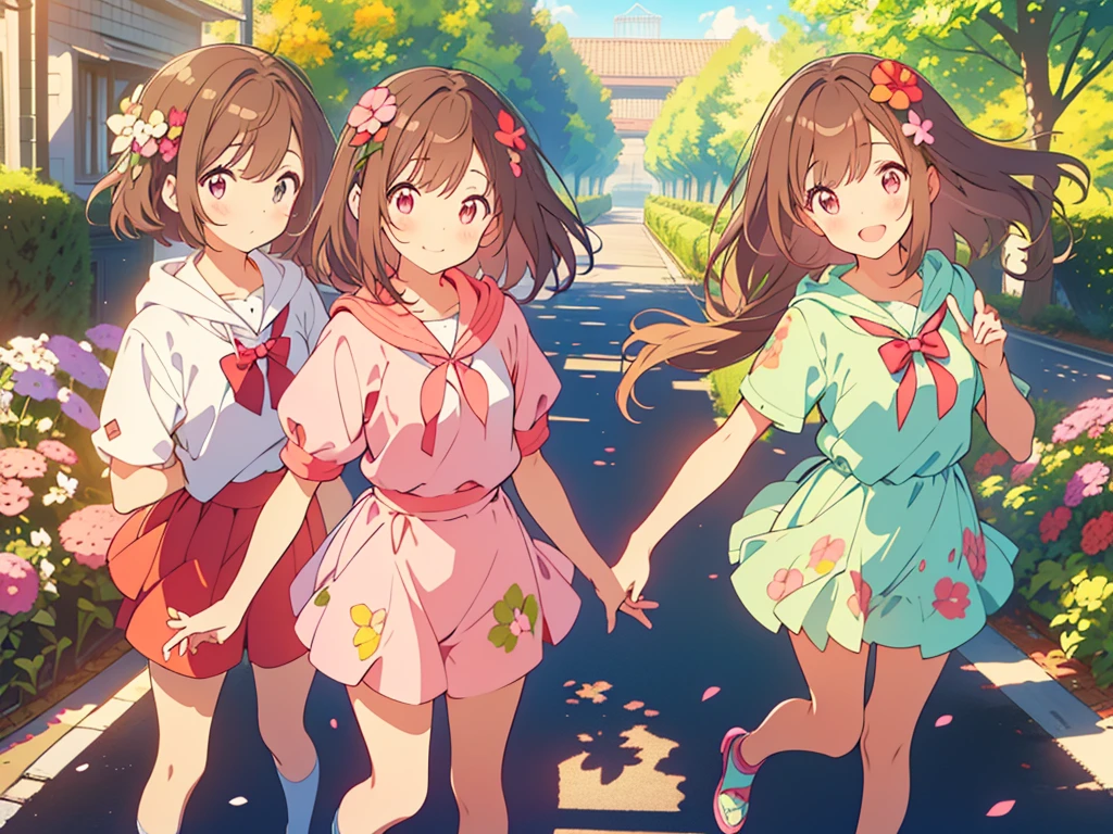 kawaii, anime, Cute, hyper quality, highly detailed, 8k, Clarity, Draw facial expressions in detail, Girl with long dark brown hair and green eyes, (A cute pink flower (phlox) with five small, round petals that spreads around your feet), A young girl with a light pink short bob and red eyes, full of energy, the two give a high five, Uplifting, whole body, jump up and down, daytime, A park with a brick path in the Netherlands, refreshing morning, highlight on eyes, wink, smile, drawing two people, Symmetrical, short sleeve hoodie, dianthus flower, 