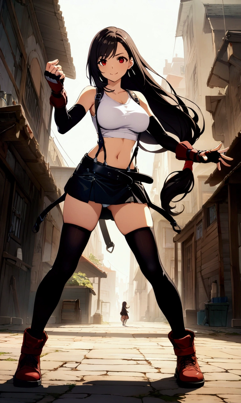 score_9, score_8_up, score_7_up,(best quality,masterpiece),ultra detailed,(aesthetic,very aesthetic),highly detailed),megami_magazine,official art,1girl, tifa lockhart, final fantasy, tareme,black hair, low-tied long hair, red eyes, bangs, white tank top, belt, pleated skirt, thighhighs, elbow fingerless gloves, elbow pads, midriff, navel,suspender skirt . ,(large_breasts:1.2),(perky breasts;1,2),(light smile),panties shot,,Solo,,(daytime and beachside and city),,professional lighting,cinematic lighting,fullbody,fighting pose,fighting stance,