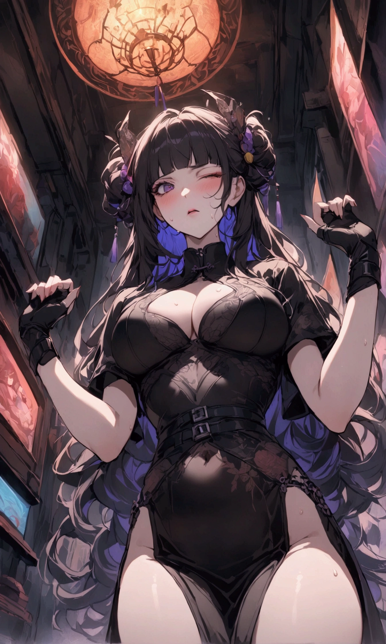 Dynamic composition,dutch angle,{{masterpiece}}, {{{Highest quality}}},{{Very detailed}},{{Fight}},{{critical situation}},{{hold down one's stomach with one's hands:1.6}},1girl,30years old,{Mature Woman}},cyberpunk,{{Chinese clothing}},Red Short-sleeved Chinese dress,pelvic curtain,black stockings,belt,black fingerless gloves,{{Grit your teeth:1.4}},one eye closed, ,{{v-shaped eyebrows}},Bad mood,blush,Sweat,raise one's eyebrows ,{{View your viewers}}、long hair,Blunt bangs.abdominal pain ,{{pain}},Inside the dojo