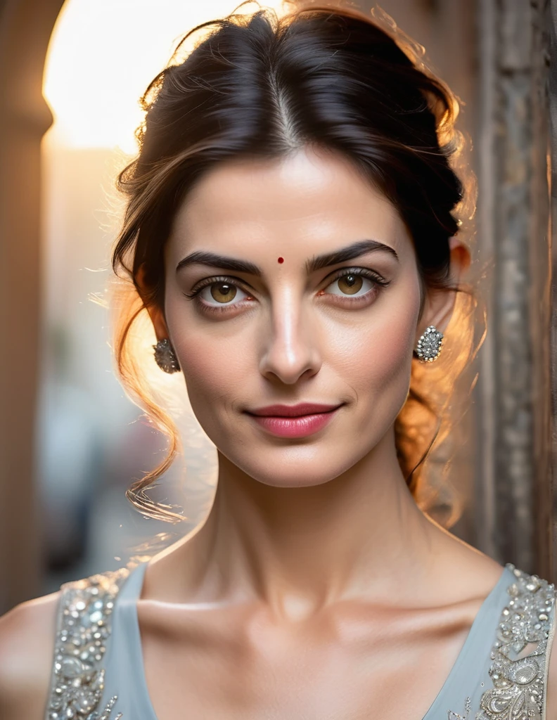 A stunning portrait of an Indian milf woman, reminiscent of Anne Hathaway's elegance. The subject's undercut hair adds a touch of modernity to her classic beauty. Her navel is subtly showcased, drawing attention to her toned physique. Perfectly symmetrical eyes sparkle with joy, framed by hyper-realistic skin texture that seems almost tactile. Soft, rim ambient lighting illuminates her features, as if bathed in the warm glow of a setting sun. Shot on high-end DSLR equipment, this 8K image boasts film-like grain and exceptional quality, capturing every detail with Fujifilm XT3 precision. (( beautiful long hairs, crazy long hairs, super long hairs, long hair, crazy long hairs, super long hairs))
