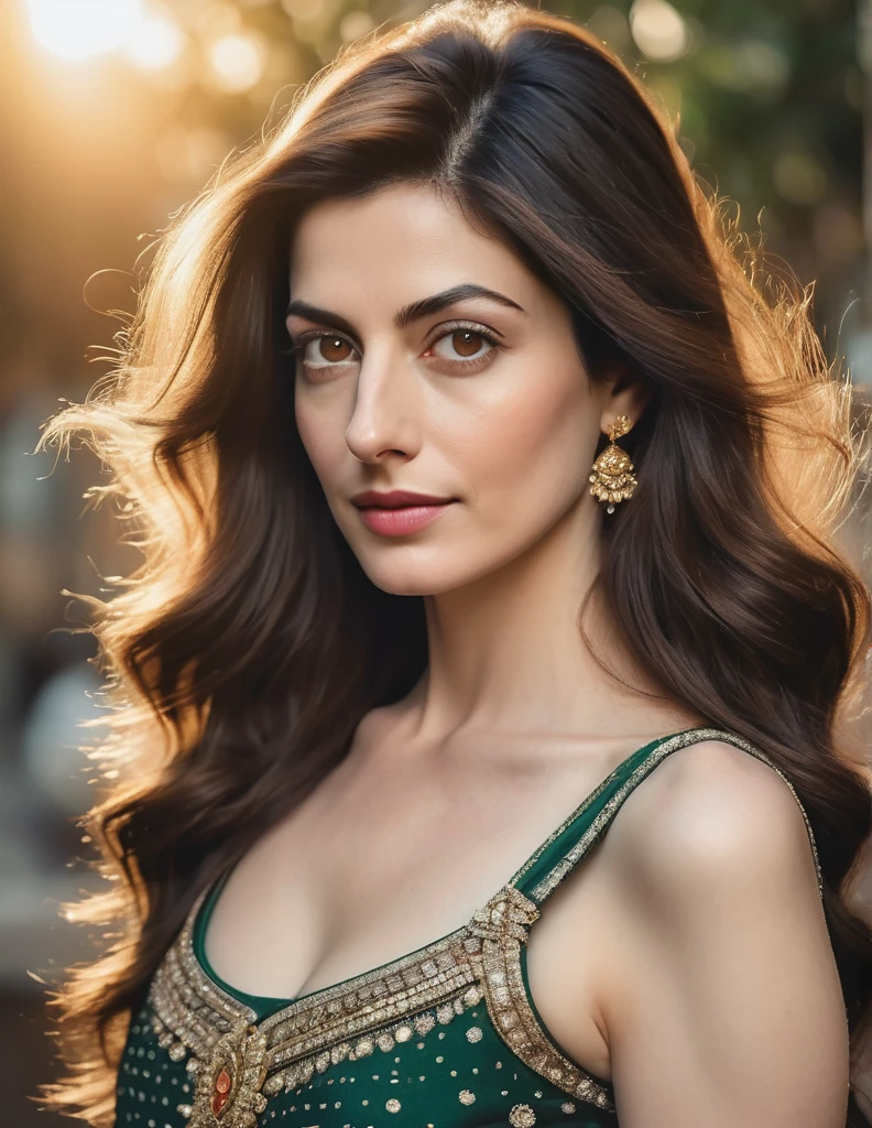 A stunning portrait of an Indian milf woman, reminiscent of Anne Hathaway's elegance. The subject's undercut hair adds a touch of modernity to her classic beauty. Her navel is subtly showcased, drawing attention to her toned physique. Perfectly symmetrical eyes sparkle with joy, framed by hyper-realistic skin texture that seems almost tactile. Soft, rim ambient lighting illuminates her features, as if bathed in the warm glow of a setting sun. Shot on high-end DSLR equipment, this 8K image boasts film-like grain and exceptional quality, capturing every detail with Fujifilm XT3 precision.  (( beautiful long hairs, crazy long hairs, super long hairs, long hair, crazy long hairs, super long hairs))