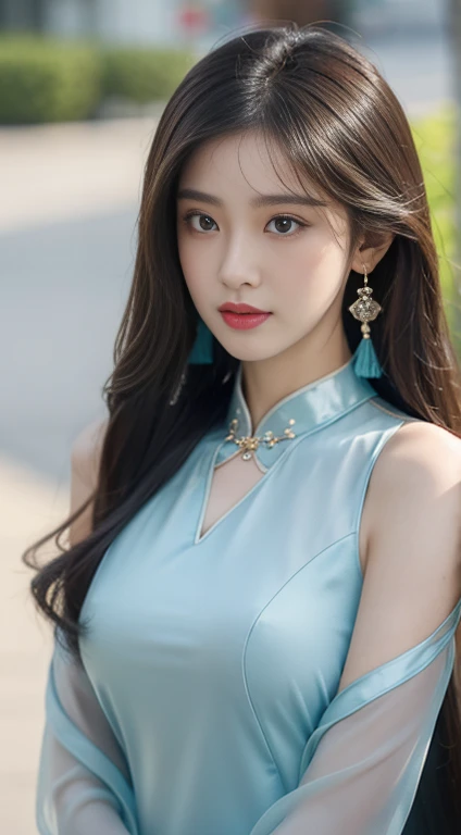 realism: 1.3, masterpiece, best quality, high resolution, detail: 1.2, 1 girl, Hairpin, Pretty Face, Exquisite eyes, Tassel Earrings, necklace,aesthetics, light, Ray Tracing, Depth of Field, Layering, Flutter, Black cheongsam