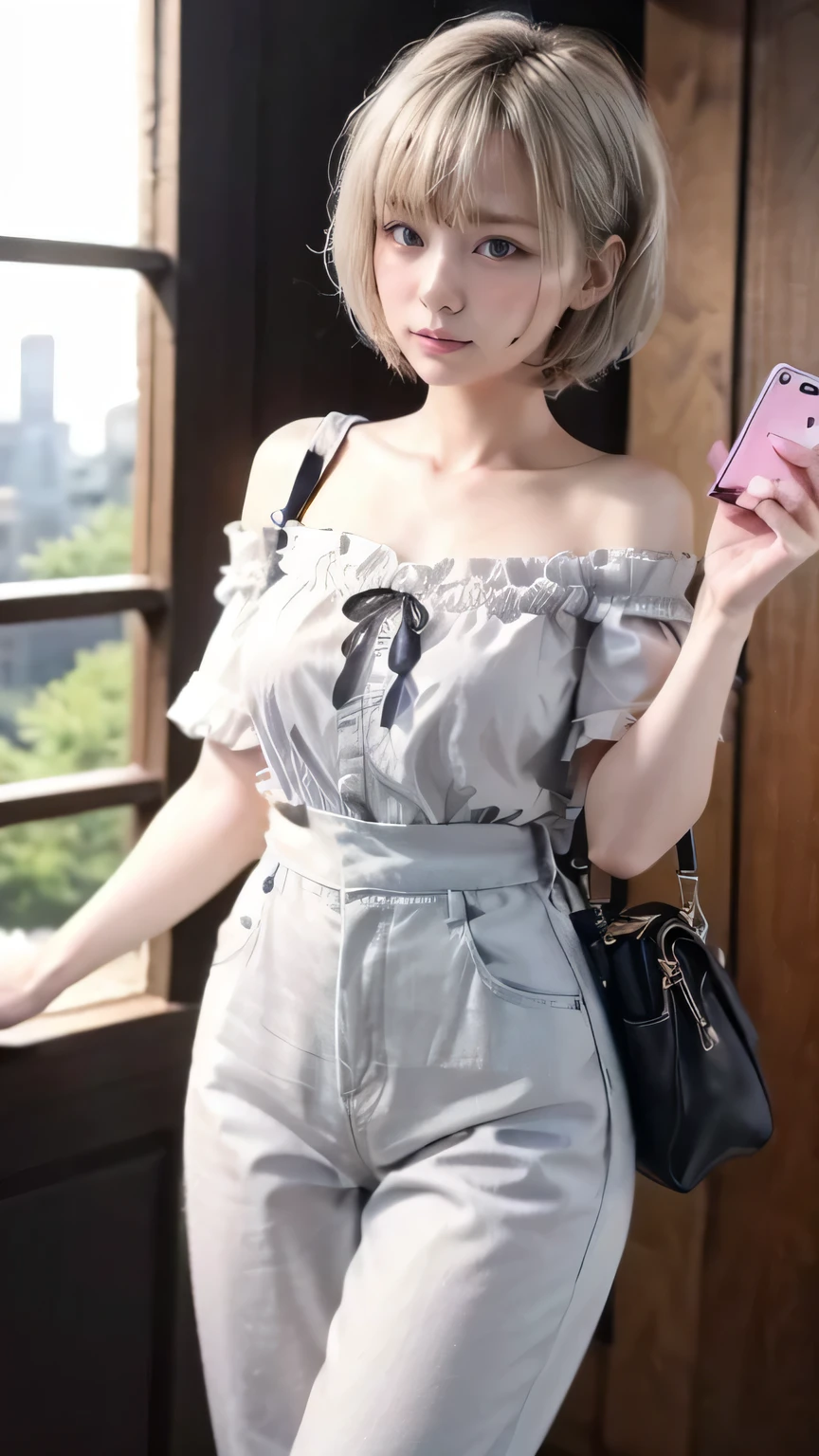 (Realistic、Like a photograph、Live Action、8k, Realistic, RAW Photos, Best image quality: 1.4), Single-lens reflex camera、RAW Photos, Highest quality, Realistic, Highly detailed CG Unity 8k wallpaper, Written boundary depth, Cinematic Light, Lens flare, Ray Tracing, Realistic background、A landmine girl waiting for an appointment、((Wearing an off-shoulder white blouse:1.4)、((Wear wide leg pants:1.1、((The strap of the shoulder bag passes between the chest:1.5、paisla:1.5、Vice Rush)))、Small breasts)、Cute ass)、((ultra high density skin))、 1 female,cute Japanese、Standing in front of the station, waiting for someone while looking at his smartphone、The whole body is visible:1.5、Wearing sneakers:1.1、((Silver Hair:1.5)、short hair:1.2、My hair flutters in the wind)、stylish ambiance、Very detailed and perfect costume、(White skin)、Precise and beautiful legs:1.1、View from the front、Super detailed face