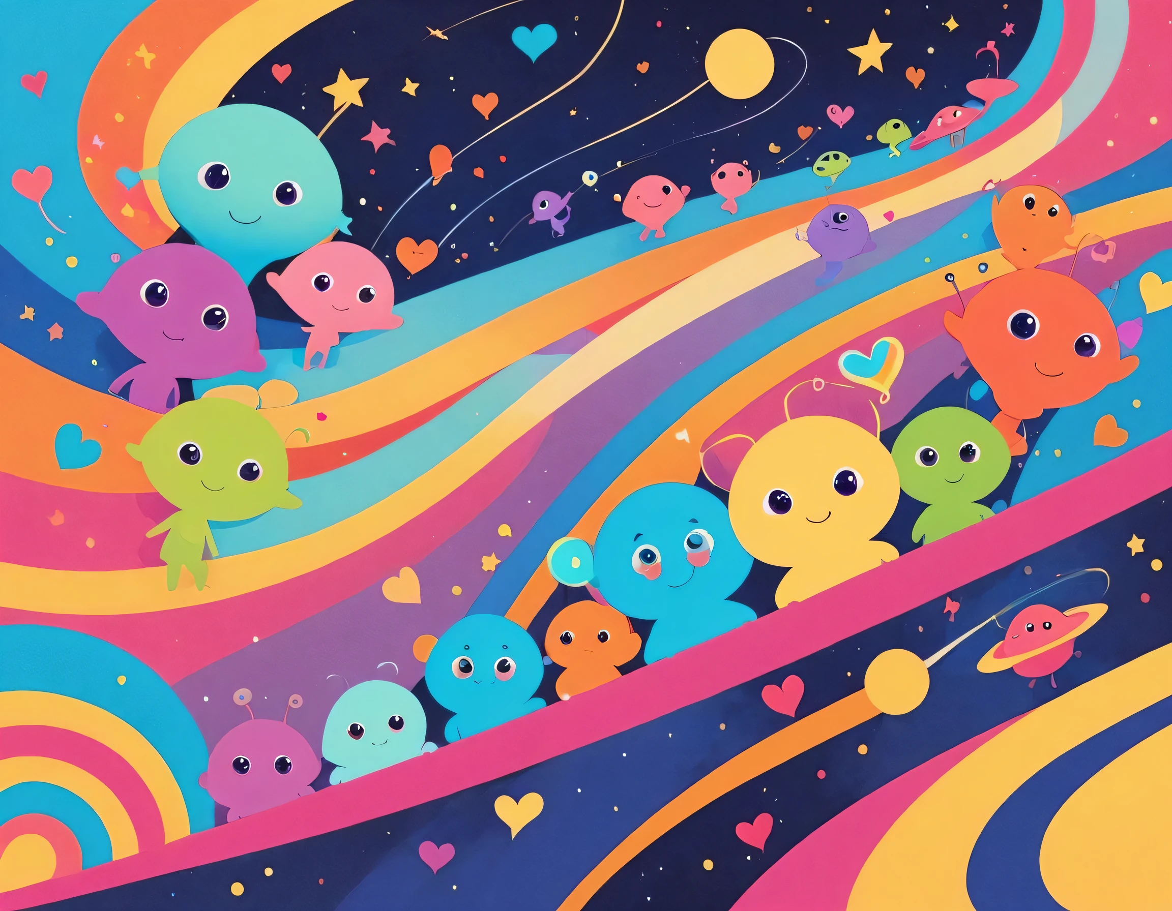12stairs colorfull style, Simple Line Initialism,Abstract art, girls, colorful hearts, funny design, (((Cute Aliens))), The background is space