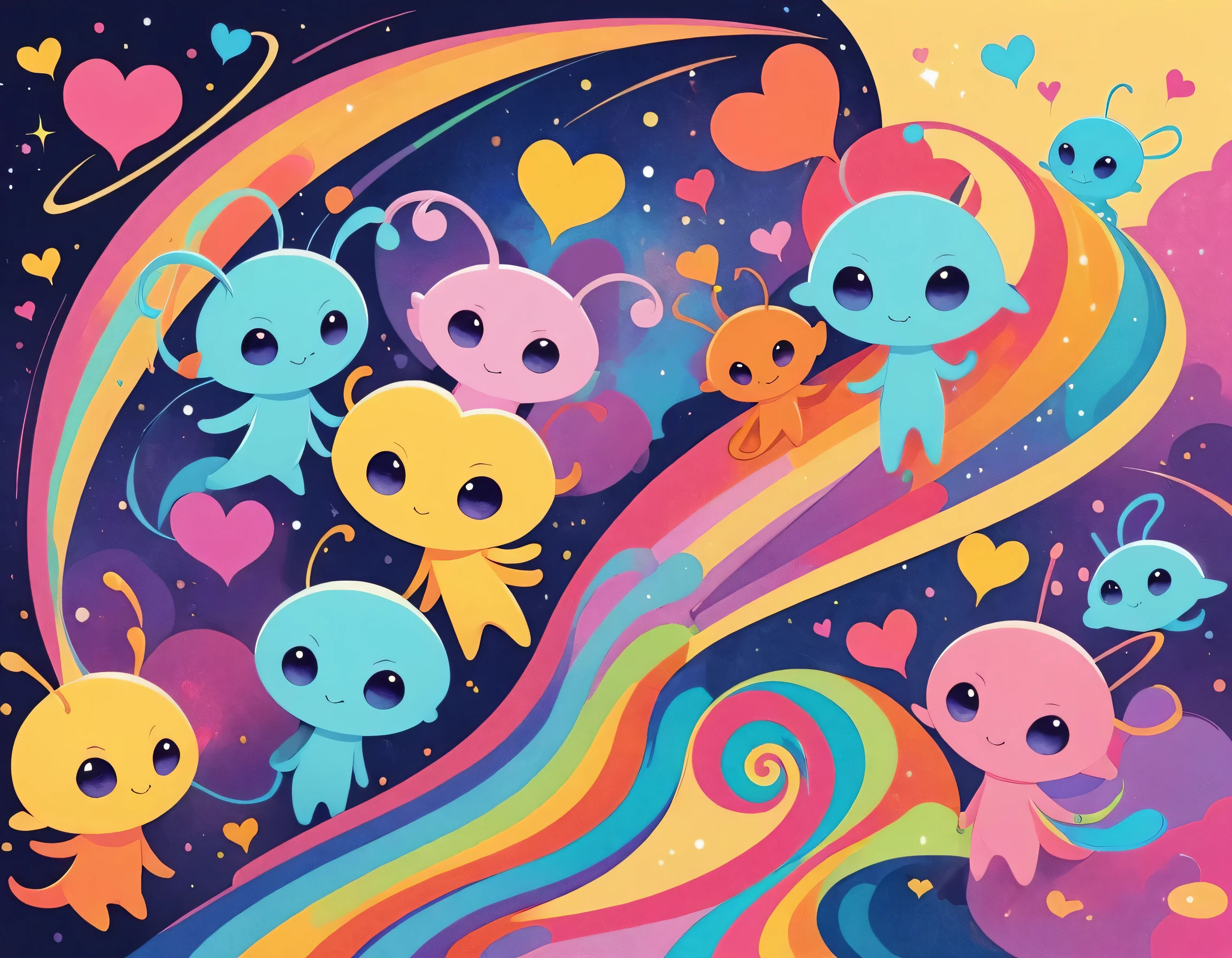 12stairs colorfull style, Simple Line Initialism,Abstract art, girls, colorful hearts, funny design, (((Cute Aliens))), The background is space