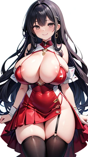 20-year-old woman in bright red and white dress, huge , Big ample breasts、Biomechanical ,  In a dress, Boob proportions, Naughty, Naughty anime style,((Highest quality)), ((masterpiece)), A shy smile, Pitch Resuit, Puffy nipples, Embarrassed laugh、Kamimei, Knee-high stockings, Adult female, (When it enters the sheath:1.3), Cum in mouth, (Protruding G-string:1.5), Long Wavy Hair、Long black hair, mini skirt,Race Queen, (Glossy Skin), Brown eyes, Kamimei、Long Wavy Hair、Soft Stocking、Under the skirt、Sexy Hips、Big earrings、necklace、A girl&#39;s costume with sponsor logos printed on it, (Participate in a motorsport race)+, Sexy Hips、Kamimei、Chest opening、Poses that accentuate the chest、Pink lace panties、Lace bra