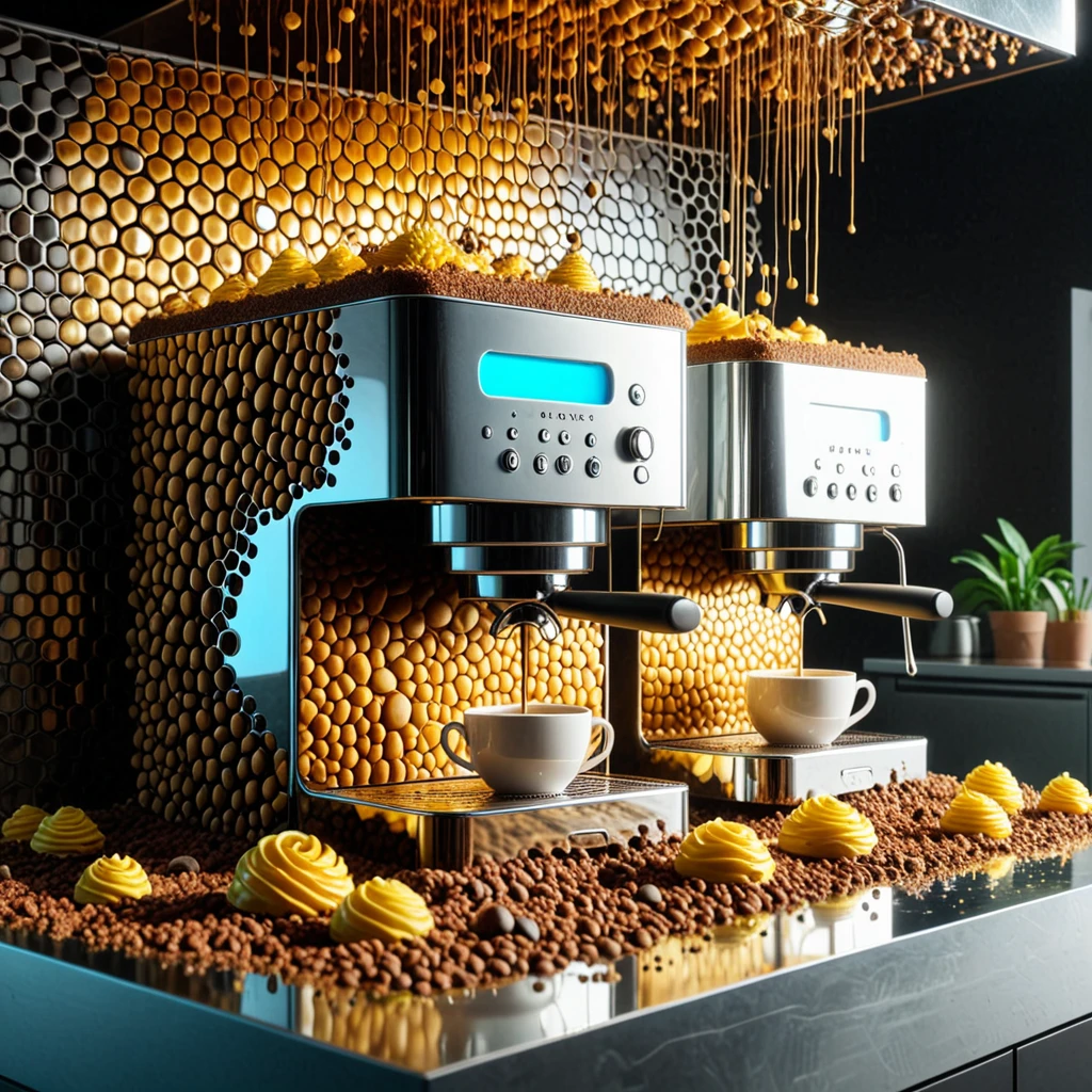 Beehive ,coffee machine, pours fluorescent coffee into mirrored bowls,detailed, complex,movie posts,8k