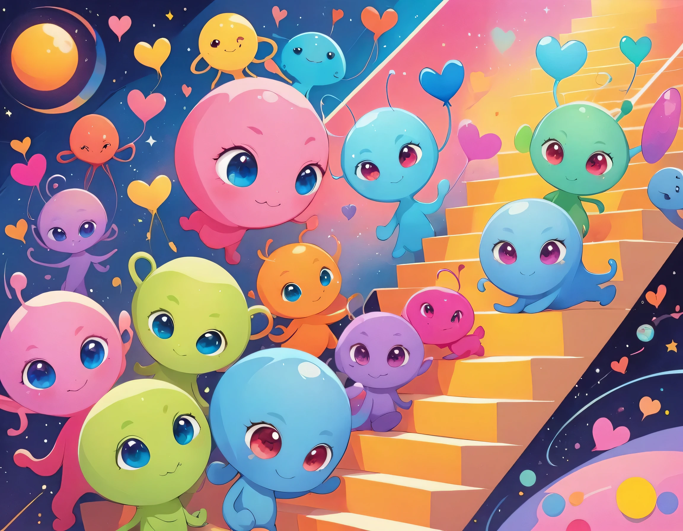 12stairs colorfull style, Simple Line Initialism,Abstract art, girls, colorful hearts, funny design, (((Cute Aliens))), The background is space
