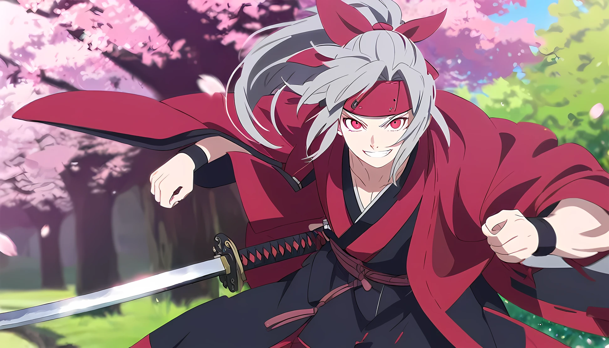 Anime Styles, Naruto Shippuden style, samurai styles, Red Samurai Outfit, Katana, holding a katana, Effect, Grey hair, Ponytail hair,red eyes headband, smile, man, male, sengoku, green grass day background with cherry trees