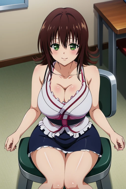 Anime screenshots, masterpiece, Highest quality, High resolution, 2D, cheer up, Highest quality, High resolution, 1 Female, Ryoko Mikado, White, skirt, Knee socks, (Large Breasts:1.2), blush, smile, Cleavage, View your viewers, From above, Chair, Sitting, widow