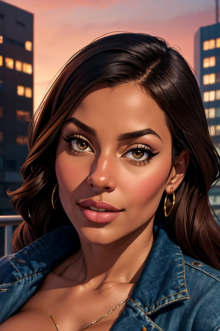 middle aged stepmother, milf, Dark skin, woman of color, portrait, Very detailed, Modern urban style, city backdrop, direct look, defined contours." Valentine&#39;s Day Theme