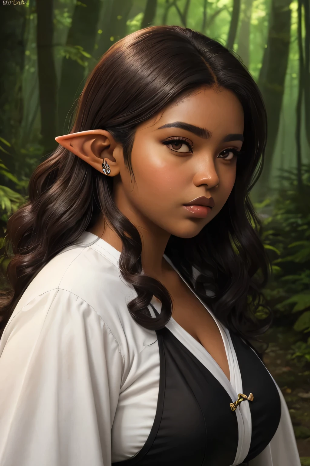 Anime illustration semi-realistic of dark brown skin latina girl, 25 year old, plus size, curvy, overweight, black eyes, black curly hair, big lips, anime, sleek design, elf ears, brown skin, dark skin, sideswept hairstyle, round face, fantasy clothing, bright and colorful forest background, serious expression, serious face, nature mage, nature magic, mage outfit, brown skin, chubby face, round face, full face, brown skin,