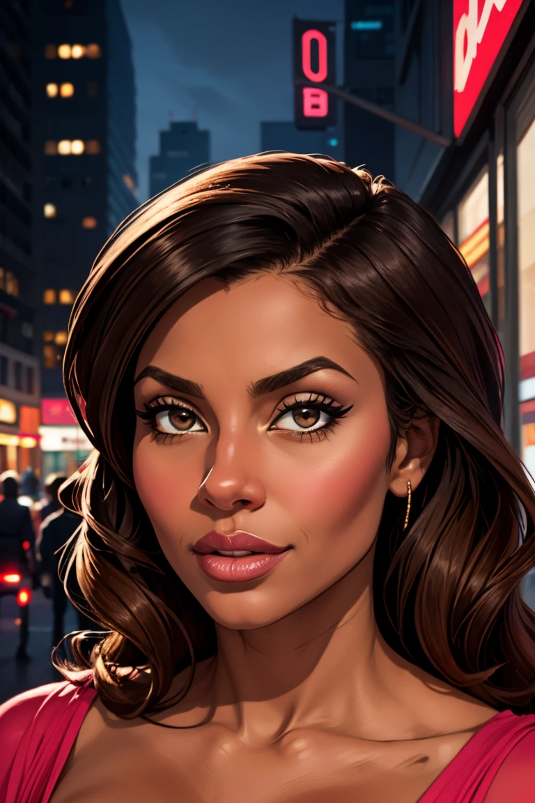 middle aged stepmother, , Dark skin, woman of color, portrait, Very detailed, Modern urban style, city backdrop, direct look, defined contours." Valentine's Day Theme