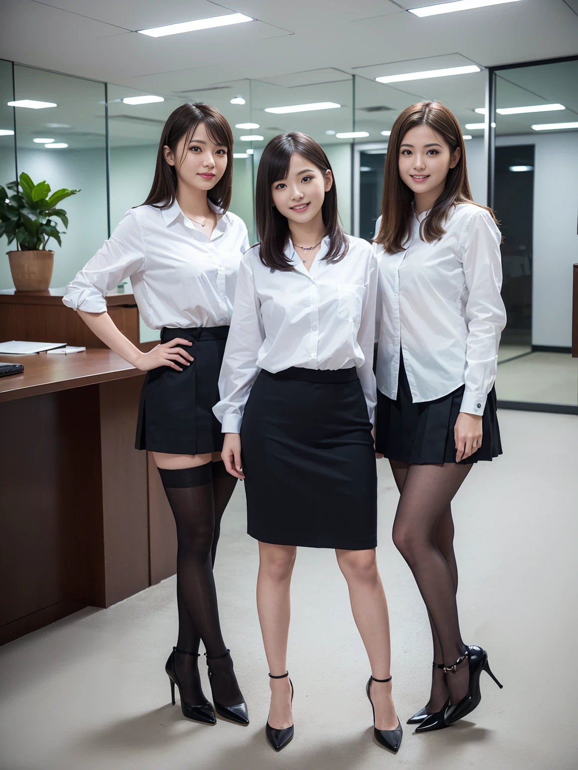 (Highest quality, masterpiece, Photorealistic, Super detailed, Ultra-high resolution, born:1.3), (Three Girls:1.3), beautiful, Japanese, mature, 28 years old, office workers, (Close bonds, Short skirt),(stockings),(smile), (bangs), high waist, necklace, (office, indoor, Glass Room), (Long legs, High heels, whole body:1.2), (crowd)