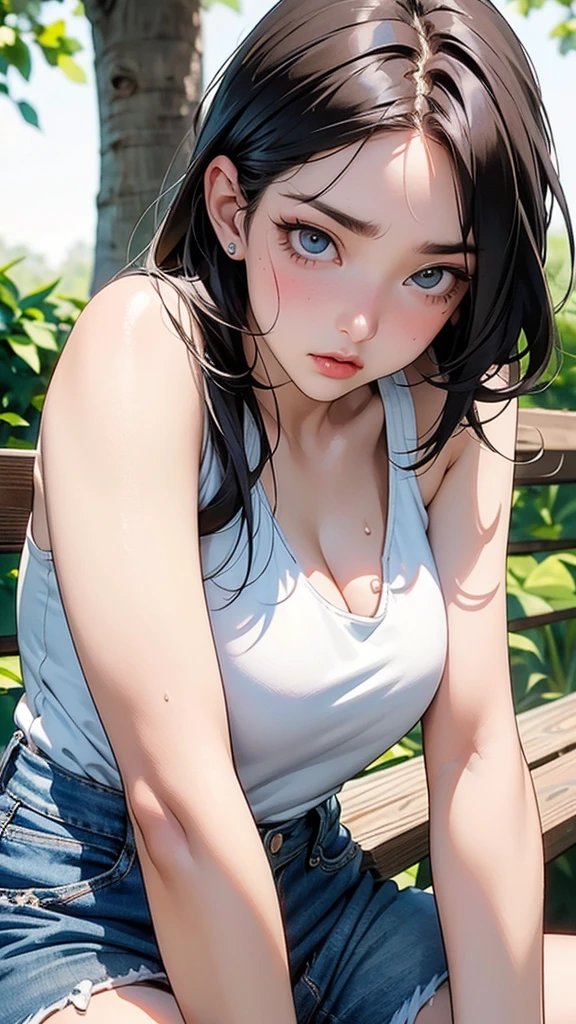 Murakami Takashi style, avant-garde pop art, (((Park bench, sitting))), amazing, best quality, vector art, stylish design, ((Most beautiful girl ever)), (((Best quality))), HDR, ((Details)), ((Masterpiece)), ((Super detailed)), ((Delicate eyes, detailed eyes, best eyes ever, beautiful eyes, big eyes, lots of sweat: 1.8, troubled face))(Colorful two-tone hair, shiny hair, beautiful hair), (Beautifully shaped breasts), ((Low-necked white tank top, hot pants)), (((Close-up of face, composition from knees to head)))