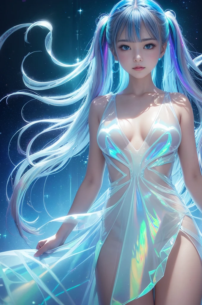 (Holographic Art:1.2)、masterpiece、Highest quality、whole body、One Girl (((Glass-like translucent and reflective dress))) 、Neon color background、Halation，Surreal、High resolution、detailed、Soft Focus、Delicate facial features、Perfect Eyes、Sharp pupils、Written boundary depth、Bokeh、Soft Focus、Long twin tails、Hair ornaments are sharp、Green light、Big soap bubble、Lighting by world-class AI creators