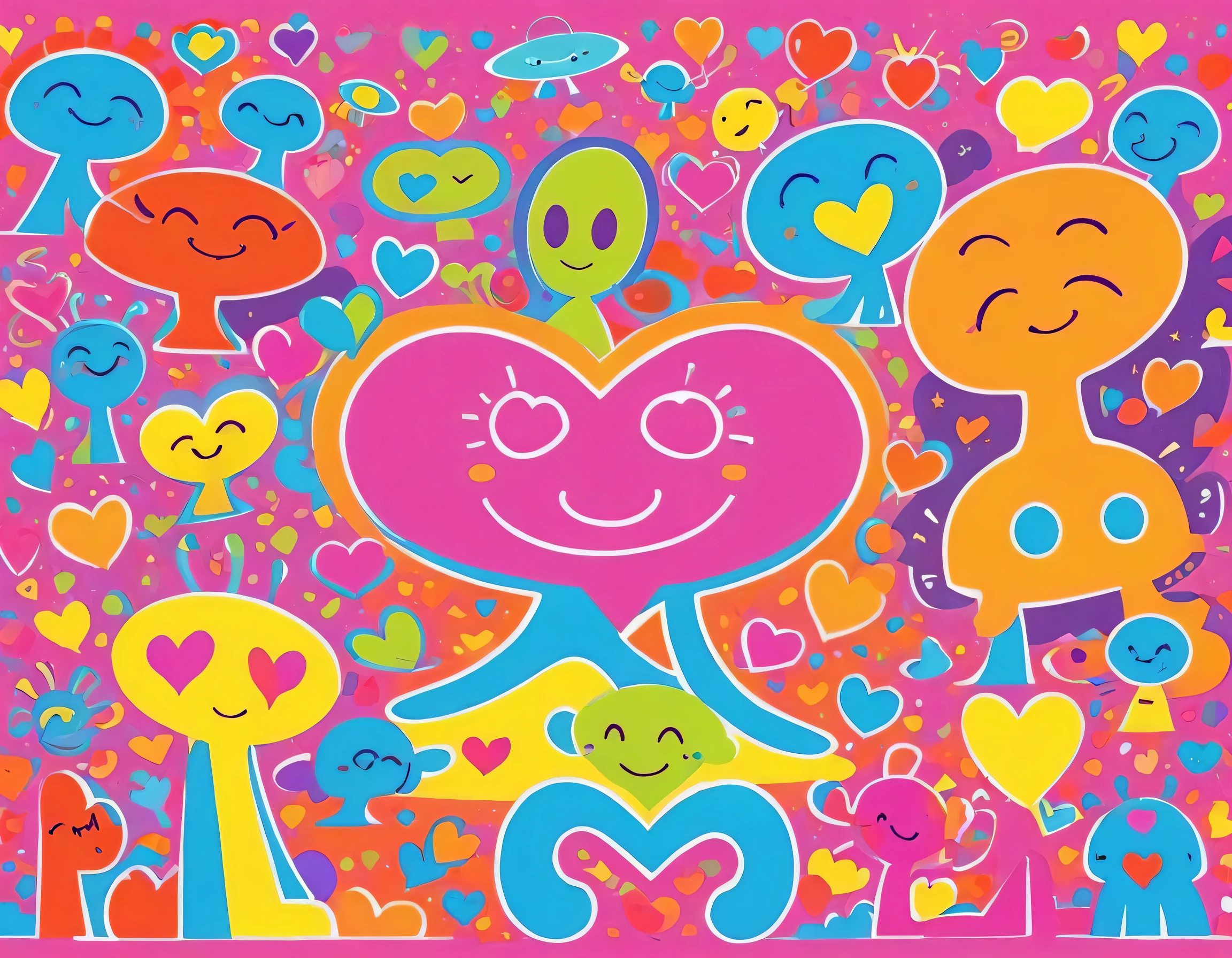 Keith Haring colorfull style, Simple Line Initialism，Abstract art，(((The most beautiful girl of all time))), Sweet face. colorful hearts, funny design, (((bosom buddy ))), (((Cute Aliens))), The background is space