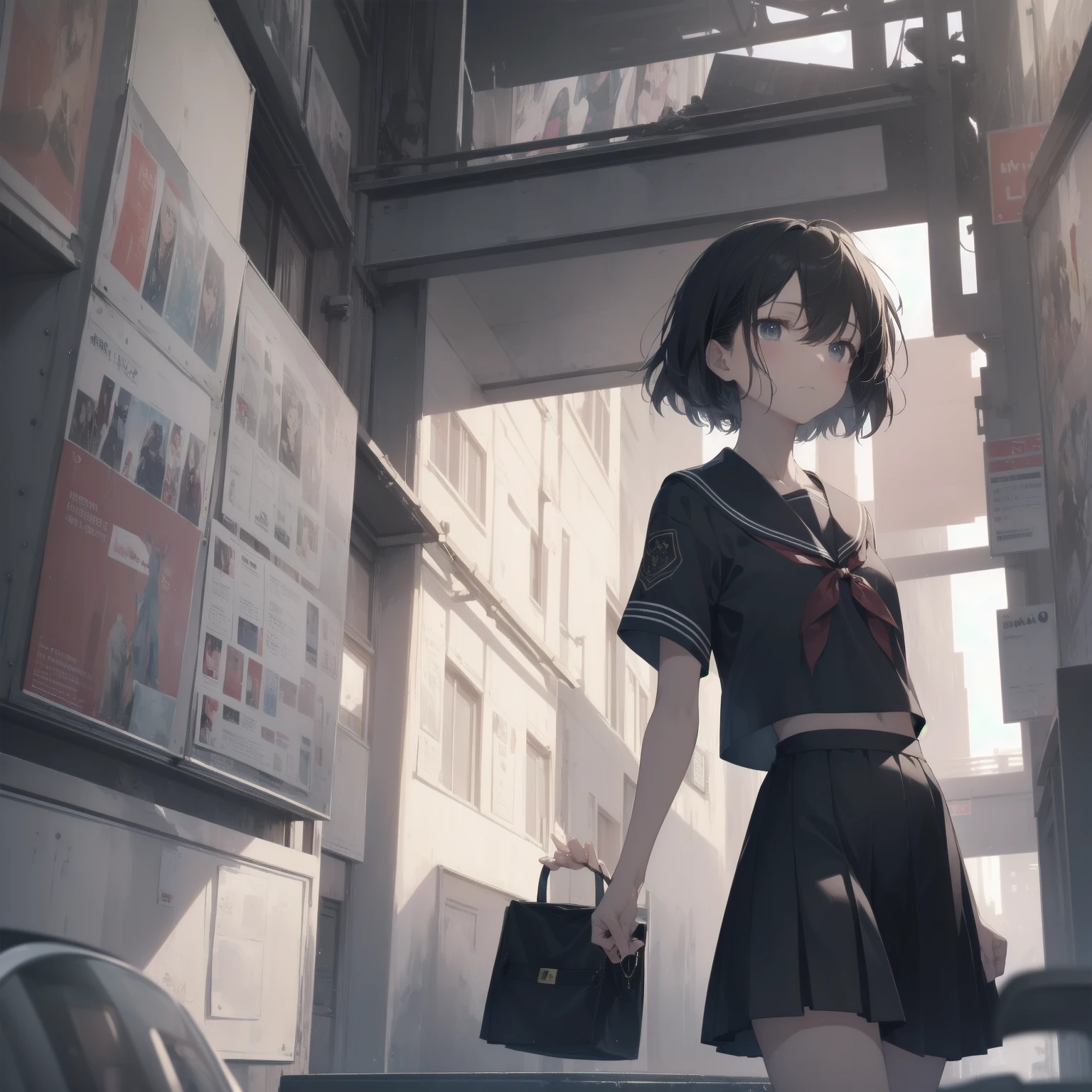 ultra-absurdres-Top quality by artist God, ultra-detailed, high resolution, anime moe artstyle, best anime 8k konachan wallpaper, pixiv contest winner, pool:2810, perfect anatomy,break, 1girl, (Please draw a girl walking sleepily to school alone. )break,(Solo,little female, 13-year-old:1.3),Full limbs, complete fingers,a junior high school student, (very short hair), short cut, flat chest, , small butt, small black eyes, beautiful detailed eyes, well-proportioned iris and pupils, expressive eyes, highres detailed hair, soft expression, salor school_uniform, sailor collar, serahuku, bow, pleated skirt,(Detailed Lighting), (Detailed background), in the School commute route. break,super detailed skin, Best cinematic lighting powered by famous artist, 8k,beauty illustration,photoshop_(medium),very aesthetic,break,((artist:fujima_takuya )), artist:clamp ,artist:carnelian ,artist:kantoku ,