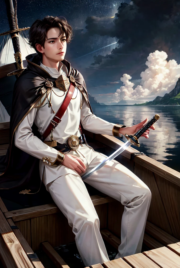 Boy sitting in boat, sword in hand, cape, loneliness, high resolution, sea of stars, vista, romance, smallness