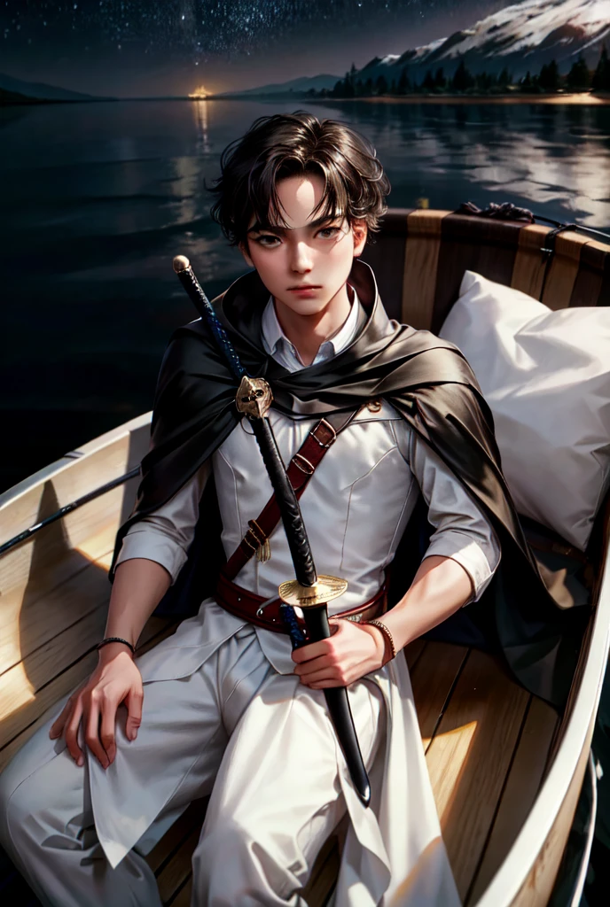 Boy sitting in boat, sword in hand, cape, loneliness, high resolution, sea of stars, vista, romance, smallness