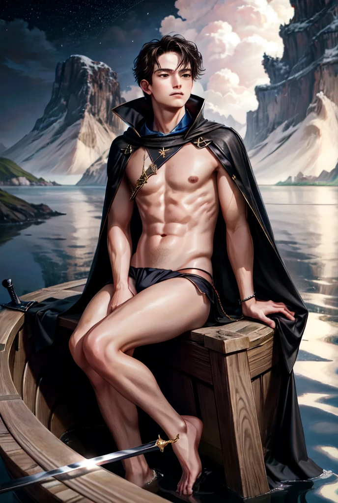 Boy sitting in boat, sword in hand, cape, loneliness, high resolution, sea of stars, vista, romance, smallness