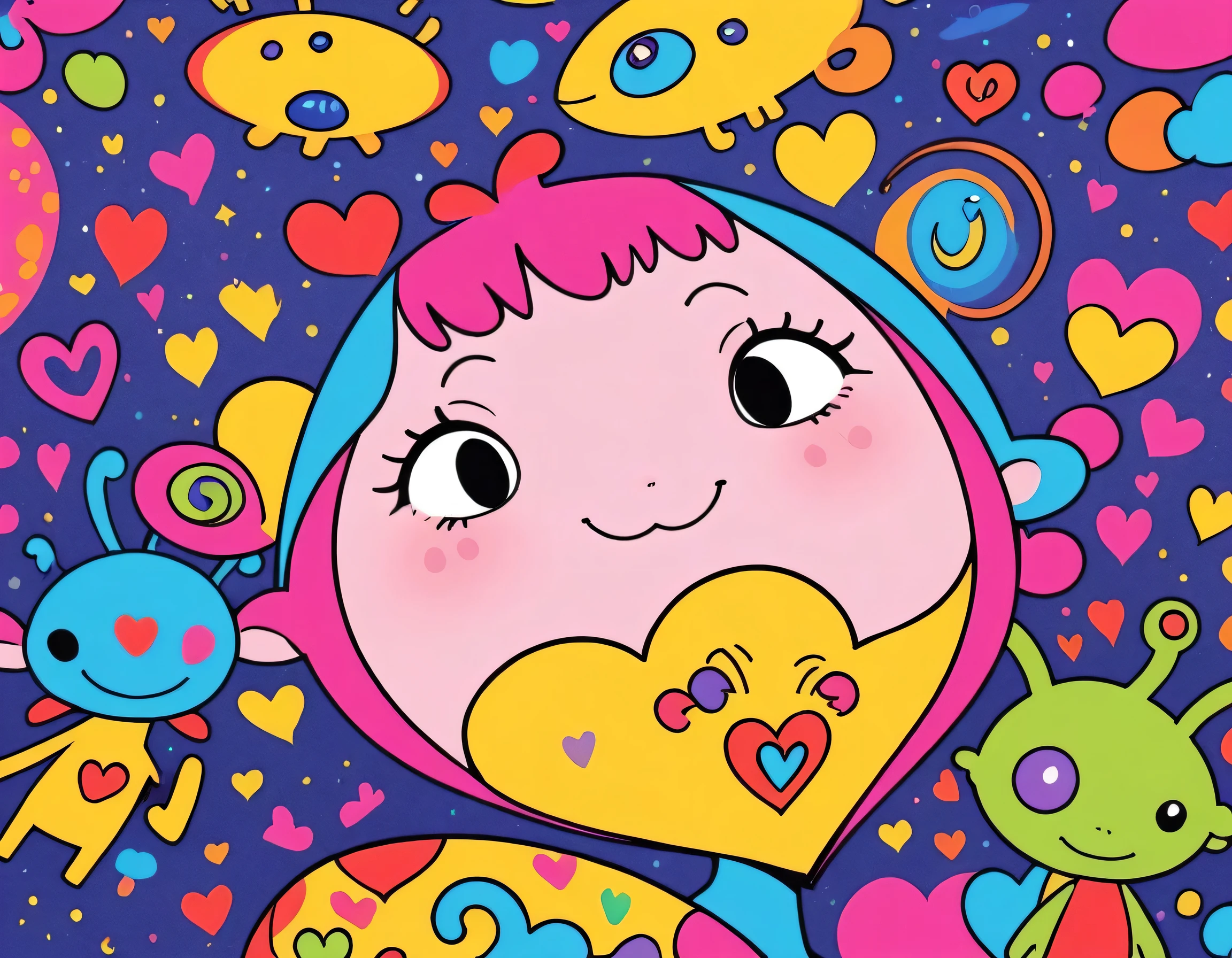 Keith Haring colorfull style, Simple Line Initialism,Abstract art,(((The most beautiful girl of all time))), Sweet face. colorful hearts, funny design, (((bosom buddy ))), (((Cute Aliens))), The background is space