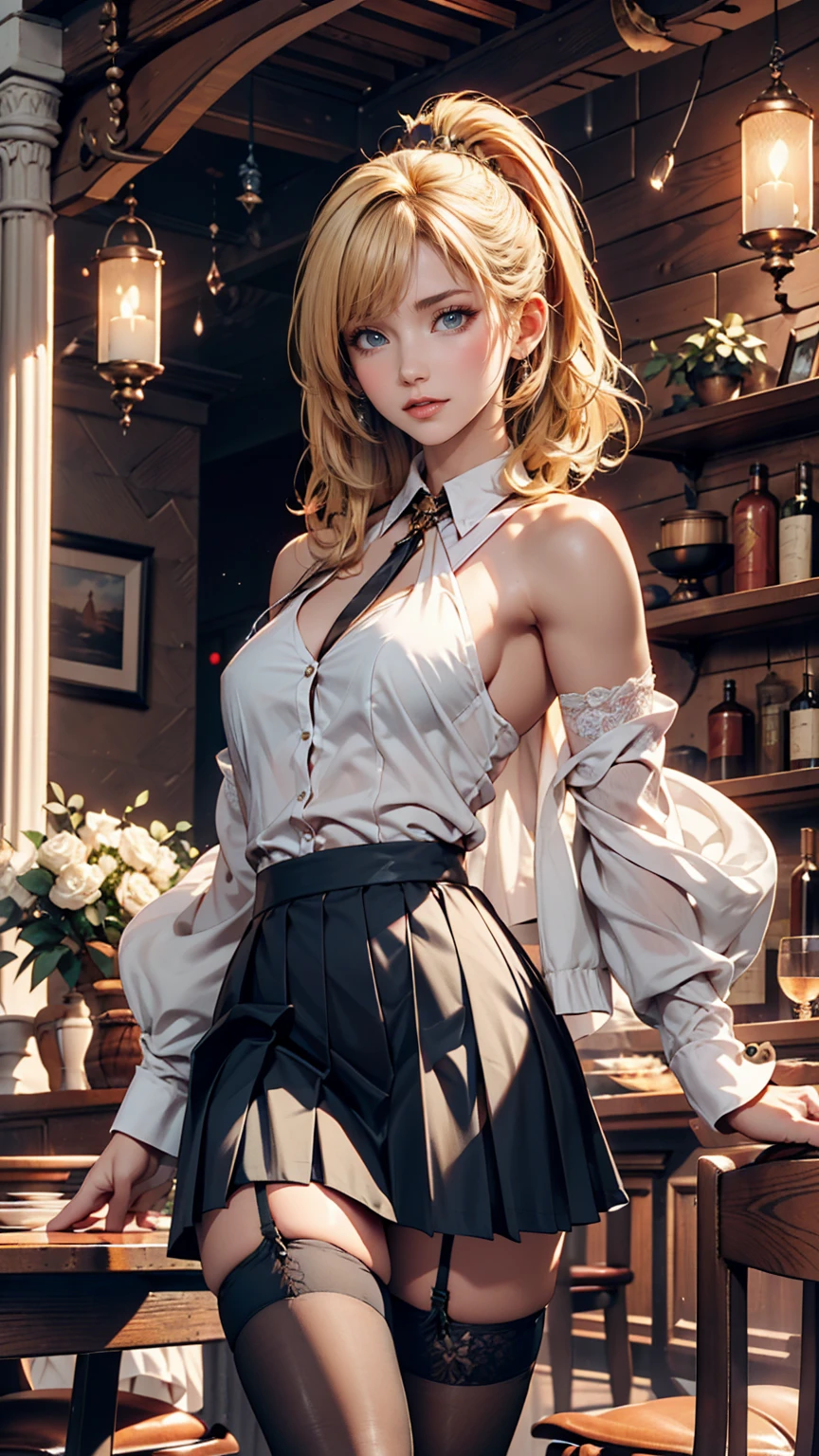 Fantasy Background, Cafe RPG Style, Empty chair, table, Tea Glass Set、24-year-old female、blue eyes、Blonde、Flat Top((flattop))、Sexy proportions、Narrow waist、One-Shoulder Topini length pleated skirt、stockings、Stiletto heels