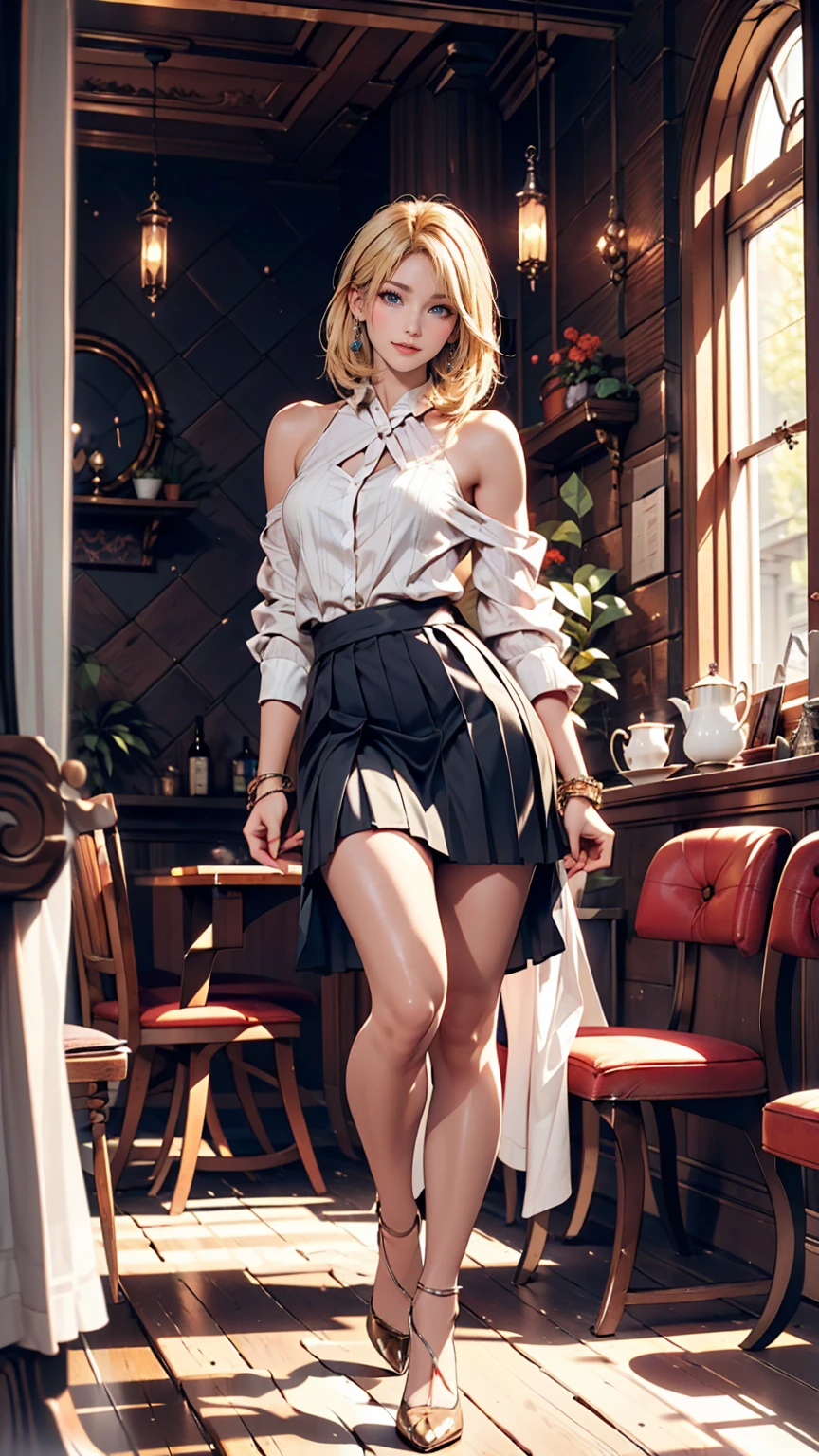 Fantasy Background, Cafe RPG Style, Empty chair, table, Tea Glass Set、24-year-old female、blue eyes、Blonde、Flat Top((flattop))、Sexy proportions、Narrow waist、One-Shoulder Topini length pleated skirt、stockings、Stiletto heels