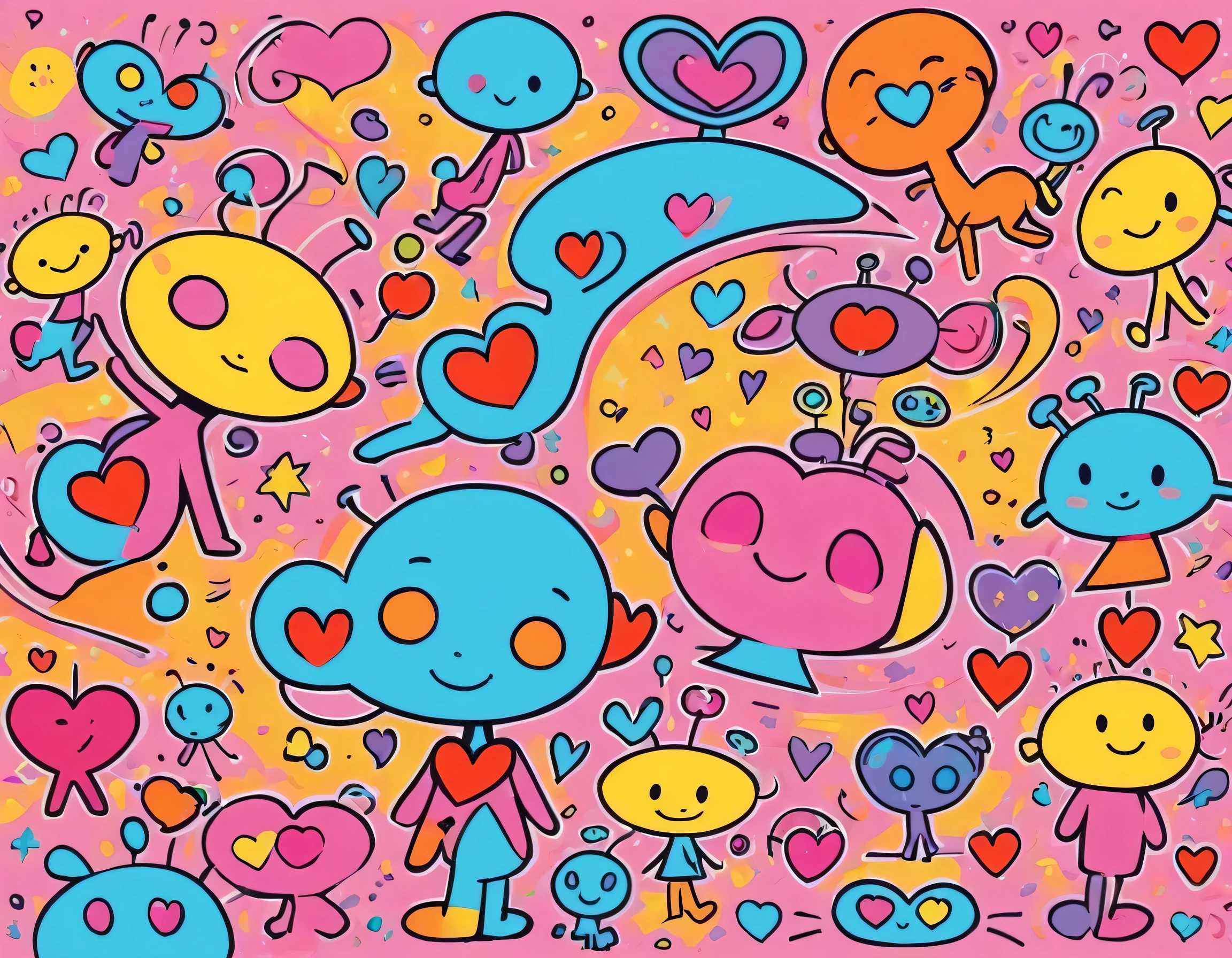 Keith Haring colorfull style, Simple Line Initialism，Abstract art，(((The most beautiful girl of all time))), Sweet face. colorful hearts, funny design, (((bosom buddy ))), (((Cute Aliens))), The background is space