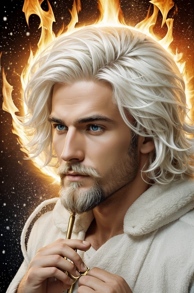 His head and hair were white like white wool., like snow; his eyes like a flame of fire; and his feet like polished bronze, glowing like in an oven; and his voice like the sound of many waters. He had seven stars in his right hand; From his mouth came a sharp two-edged sword.; and his face was like the sun when it shines in its strength.
Revelation 1:14-16 I want you to make a being with those physical characteristics as realistic as you can make it.