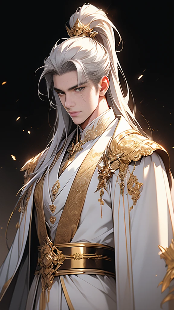 Chinese men,Upper body close-up,White hair on shoulders,(Body proportions)Correct proportions,Facial details,(Glowing eyes),Handsome face,High Ponytail Hairstyle,((White hair))Neck details,Gold Shell,detailed,((All white robe)),white and gold robes,Clothing details,surrender,Long sleeve,Game quality,Ray Tracing,ray tray,detailed发光,CG Rendering,Hair details,(White is long hair),,Handsome face,The costumes are complicated,Perfect composition,Refinement,high quality,More detailed,Lots of details,Complex background,Sense of atmosphere,Pure black background,high quality,(Pure white background)