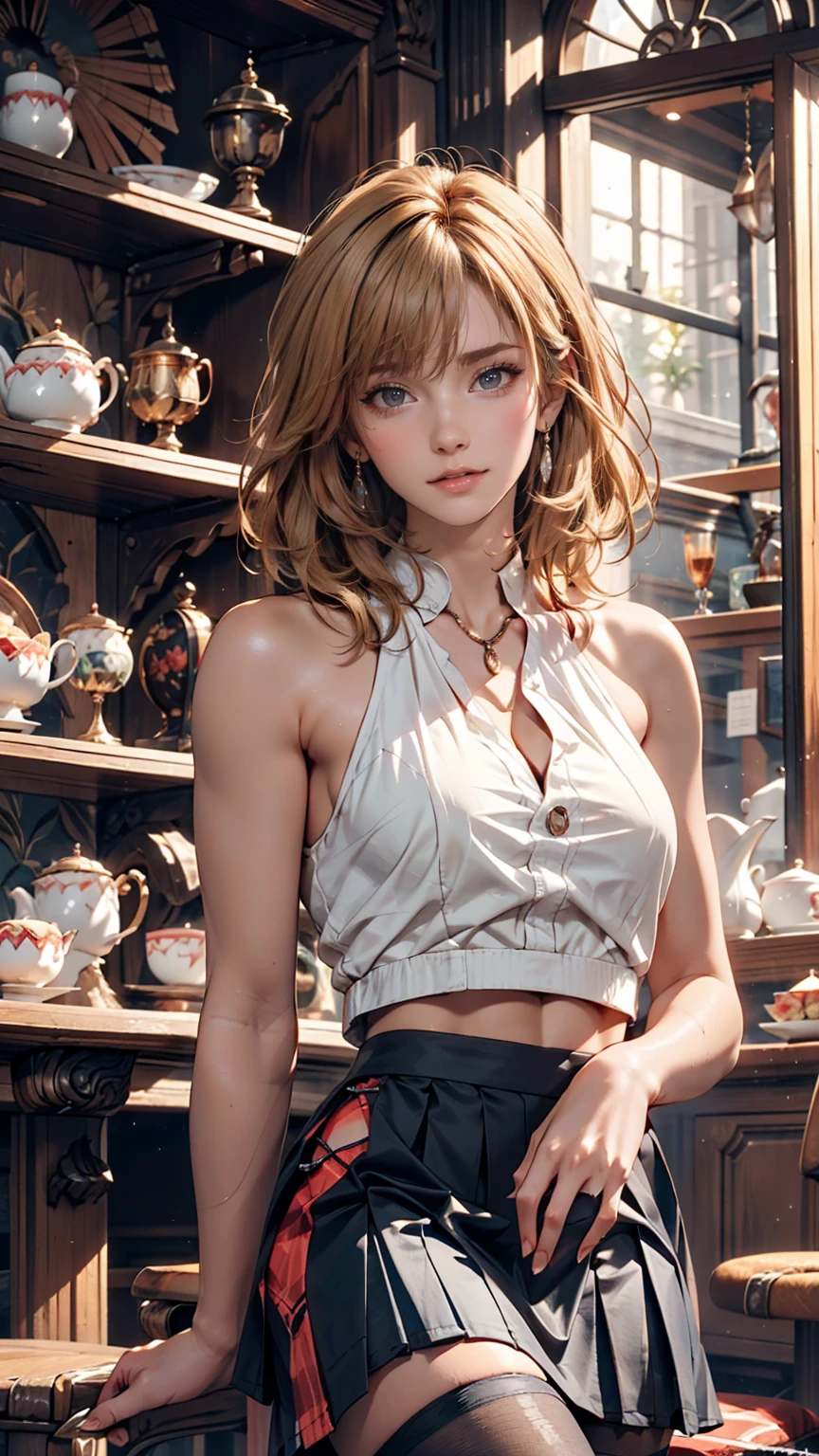 Fantasy Background, Cafe RPG Style, Empty chair, table, Tea Glass Set、24-year-old female、blue eyes、Blonde、Flat Top((flattop))、Sexy proportions、Narrow waist、One-Shoulder Topini length pleated skirt、stockings、Stiletto heels