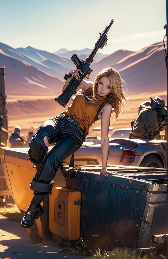 A solo female figure stands in a vast outdoor landscape, her long blonde hair flowing behind her. She wears a sleeveless shirt and pants, with knee-high boots that evoke a sense of toughness. In her hands, she holds an assault rifle, its barrel angled slightly downward as if at the ready. A box or crate lies nearby, perhaps abandoned or recently opened. The framing of the shot emphasizes the woman's stance, while the lighting casts long shadows across the terrain, highlighting the rugged beauty of the environment and the subject's bold posture.