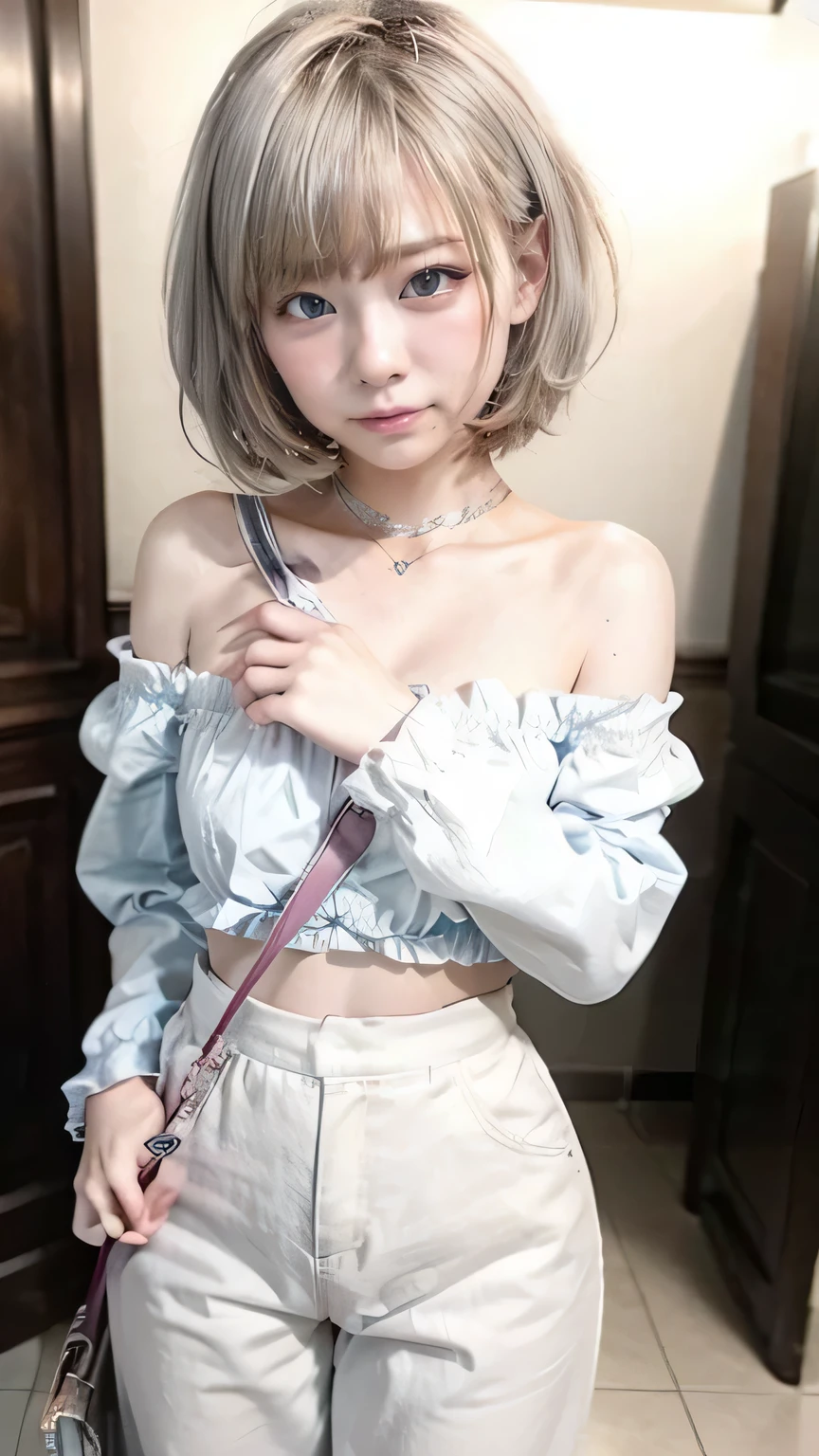 (Realistic、Like a photograph、Live Action、8k, Realistic, RAW Photos, Best image quality: 1.4), Single-lens reflex camera、RAW Photos, Highest quality, Realistic, Highly detailed CG Unity 8k wallpaper, Written boundary depth, Cinematic Light, Lens flare, Ray Tracing, Realistic background、A landmine girl waiting for an appointment、((Wearing an off-shoulder white blouse:1.4)、((Wear wide leg pants:1.1、((The strap of the shoulder bag passes between the chest:1.5、paisla:1.5、Vice Rush)))、Small breasts)、Cute ass)、((ultra high density skin))、 1 female,cute Japanese、Standing in front of the station, waiting for someone while looking at his smartphone、The whole body is visible:1.5、Wearing sneakers:1.1、((Silver Hair:1.5)、short hair:1.2、My hair flutters in the wind)、stylish ambiance、Very detailed and perfect costume、(White skin)、Precise and beautiful legs:1.1、View from the front、Super detailed face