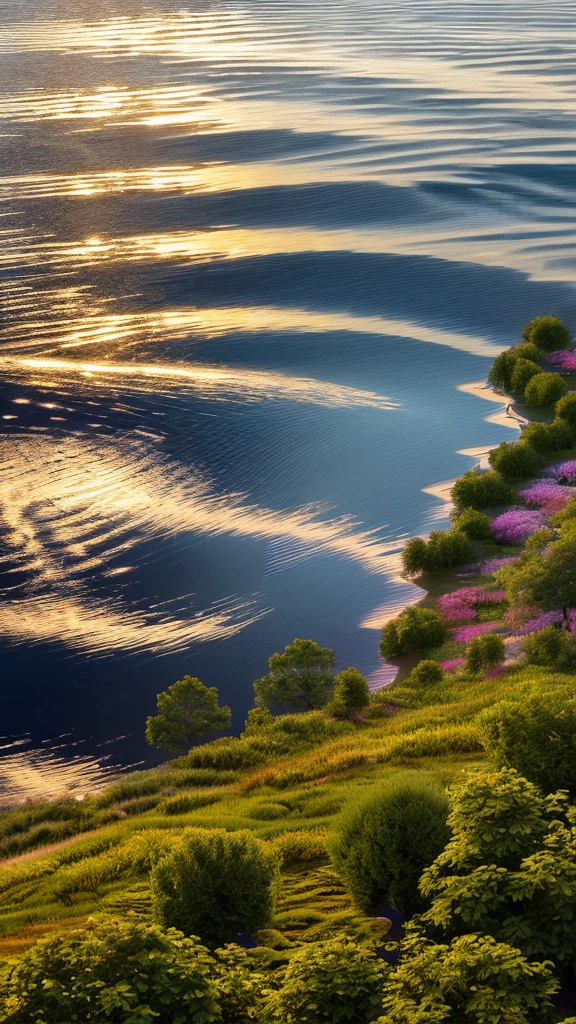 Super detailed, High resolution, Highest quality, wonderful, Highest quality, Highly detailed CG Unity 8k wallpaper, Cinema Lighting,The most beautiful works of art in the world(Highly detailed CG Unity 8k wallpaper),Magnificent and beautiful、The surrounding area is filled with lovely flower fields.、Empty lake、The ripples of the waves create a heart pattern.