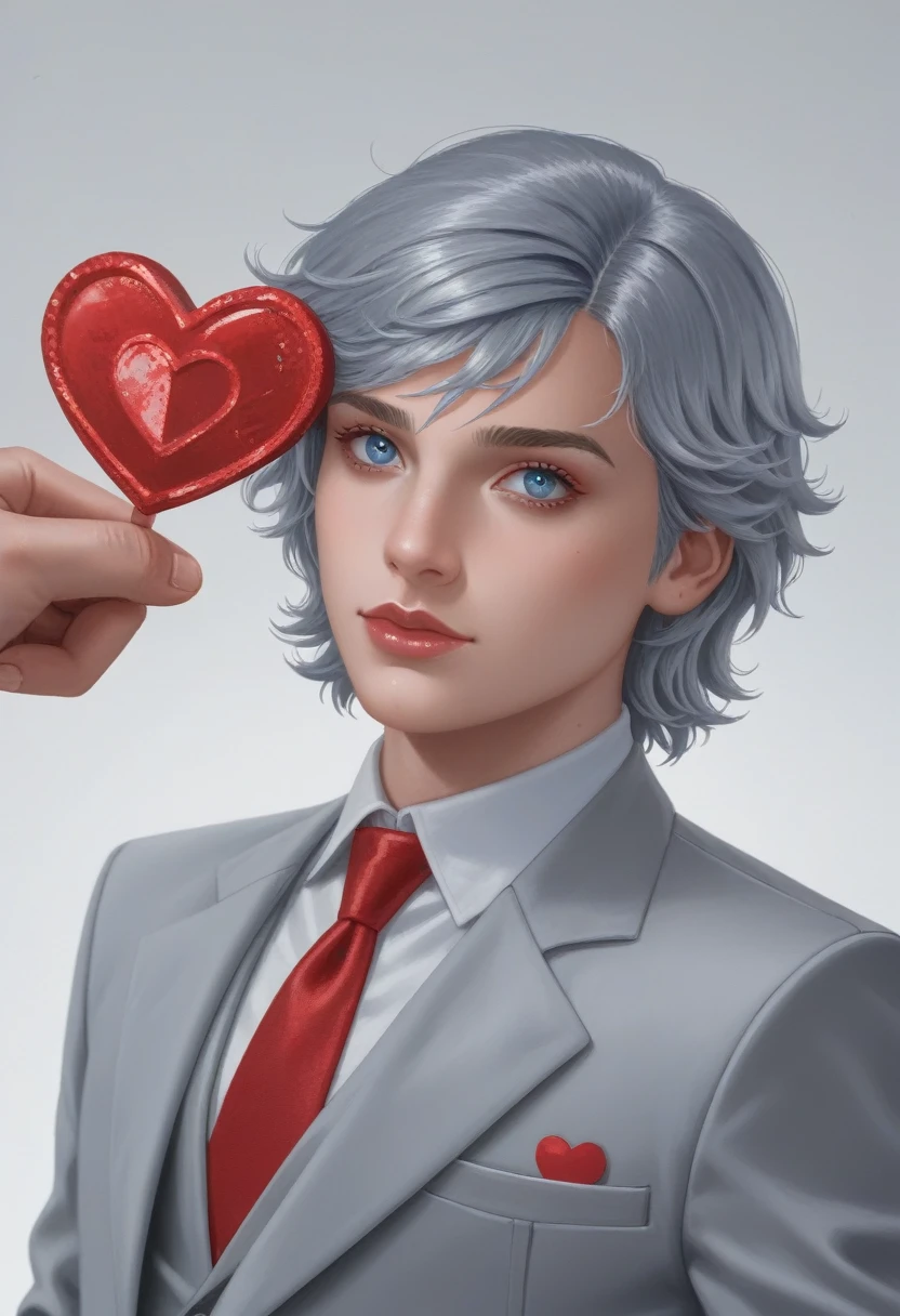 There is a woman in a blue and silver suit holding a red heart, Man with Blue Heart, Inspired by Alexander Archipenko, Metal fuselage, Character is covered in liquid, Gray personification, abstract human body, Expressed in 3D rendering, Inspired by Rob Liefeld, Female body type, inspired by Allen Jones, Upper body avatar
