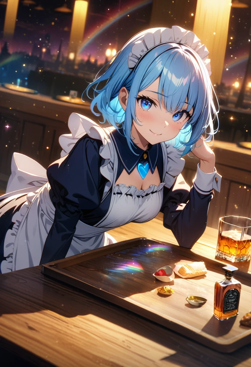 (wallpaper 8k CG), (masterpiece:1.4), (best quality), anime style, drawn, (maid), ((blue maid costume)), (((pale blue hair))), (blue eyes)(smile), (whisky, on a tray)), ((food, on the table)), ((Inside a Western restaurant)), (insanely detailed), (gold light effects:1.5), (looking at viewer:1.2), (rainbow aurora night sky,effects:1.3), (luminous particles:1.5),