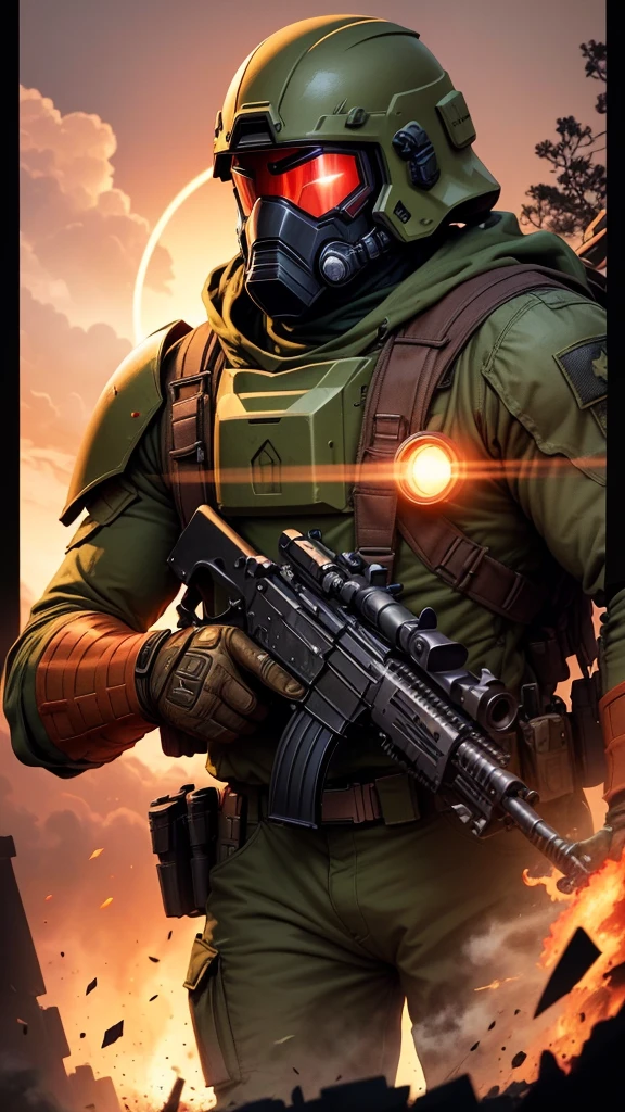 "Illustration of a heavily armed soldier in a post-apocalyptic setting. The soldier wears a red suit with green tactical gear, helmet, and face mask. They're holding an assault rifle with attachments. Behind them is a large red sun or explosion against a yellowish sky. The foreground shows debris and destruction. The style is gritty and detailed, with a comic book or graphic novel aesthetic. The color palette focuses on reds, greens, and muted yellows, creating a stark and intense atmosphere."