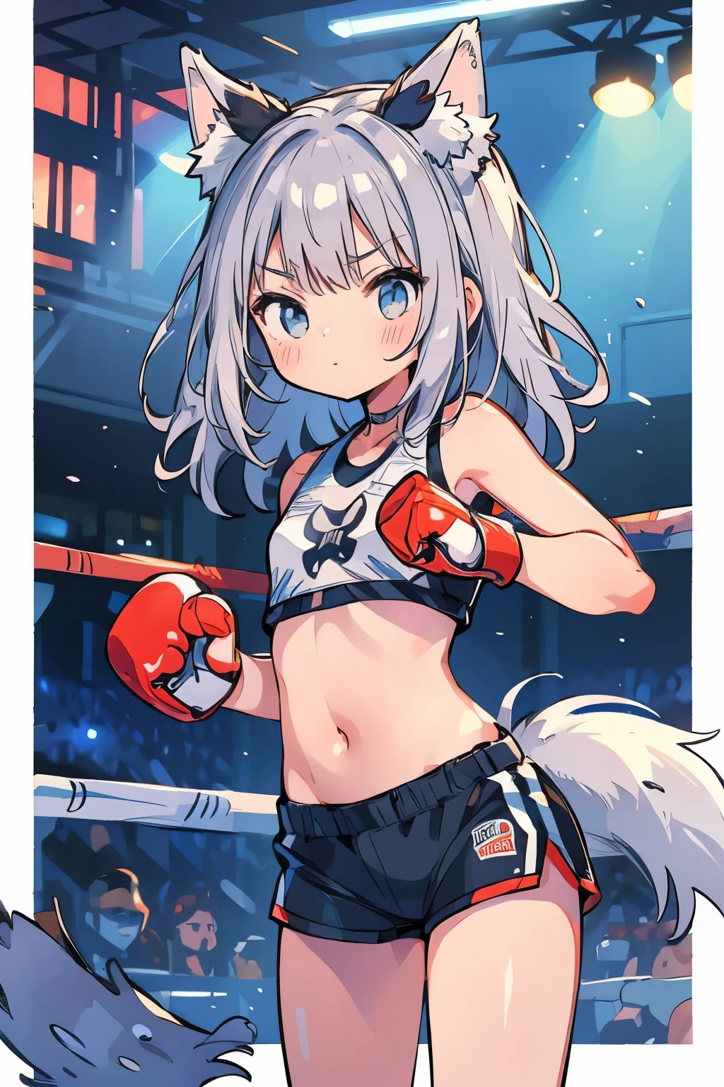 (boxing:1.3)、Teenage Girls、Young、、belly button、stomach、cool、Shorts、Serious expression、(Closed Mouth:1.1)、Silver Hair、Animal Ears、Tail of the beast