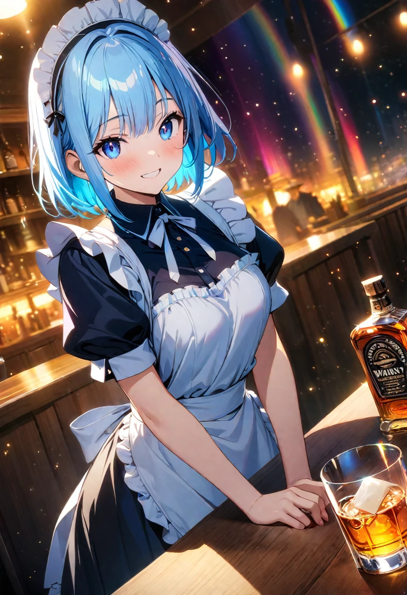 (wallpaper 8k CG), (masterpiece:1.4), (best quality), anime style, drawn, (maid), ((blue maid costume)), (((pale blue hair))), (blue eyes)(smile), (whisky, on a tray)), ((food, on the table)), ((Inside a Western restaurant)), (insanely detailed), (gold light effects:1.5), (looking at viewer:1.2), (rainbow aurora night sky,effects:1.3), (luminous particles:1.5),