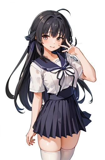 (masterpiece、Best image quality、High Quality Score：1.3）、（Crisp image quality）、Perfect beauty： 1.5、Black Hair、（Japanese School Uniform）、Sailor suit、（Fluttering skirt）、Beautiful girl、cute、The best smile、(backgroundなし）、（pure whiteｓbackground）、(Raise your index finger)、、Perfect Proportions,One Woman、、Dark blue pleated skirt、Large Breasts、long hair