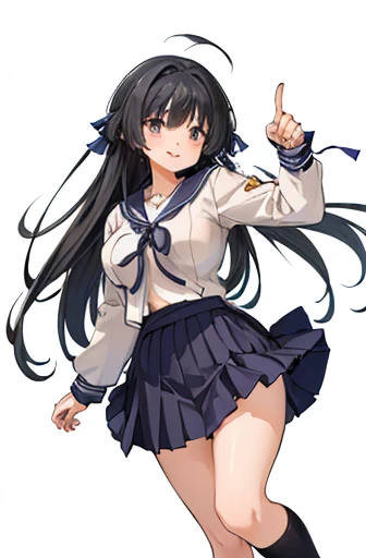 (masterpiece、Best image quality、High Quality Score：1.3）、（Crisp image quality）、Perfect beauty： 1.5、Black Hair、（Japanese School Uniform）、Sailor suit、（Fluttering skirt）、Beautiful girl、cute、The best smile、(backgroundなし）、（pure whiteｓbackground）、(Raise your index finger)、、Perfect Proportions,One Woman、、Dark blue pleated skirt、Large Breasts、long hair