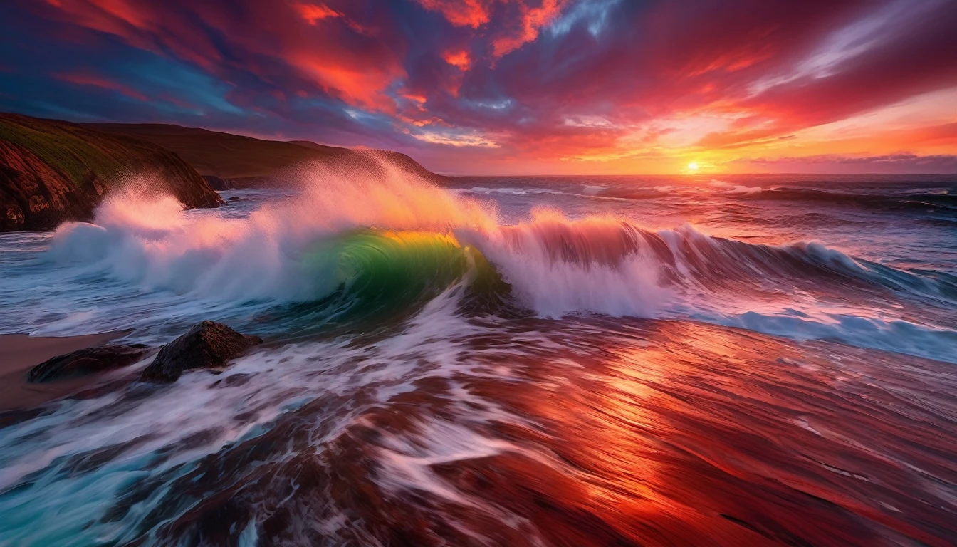 arafed view of a sunset over the ocean with waves crashing, chaotic sea setting, marc adamus, breathtaking look, epic sunset, dramatic reddish light, epic sunrise, vibrant sunrise, sunset glow, soft glow, vibrant sunset, breathtaking composition, jaw dropping beauty, by Alexander Robertson, red horizon, dramatic sunrise, breathtaking colors, dramatic sunset, seascape, red sunset
