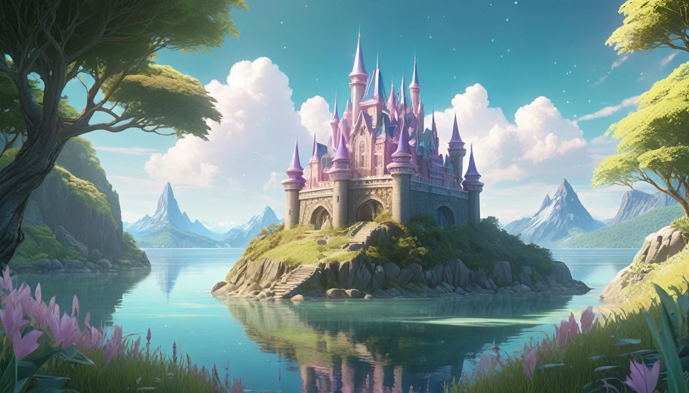 In a stunning 3D scene, A crystal castle, crystal castle appearance is very majestic, crystal clear like glass crystal, the castle shining crystal light, the window is golden window frame, the castle door is golden, there are a lot of gems to do decoration. Crystal Castle is on Crystal Island, surrounded by the sea, and there is a passage connecting Crystal Island with the grassland. Pastel style tones, blending mystery and tranquility, while the high-definition rendering and detailed textures create an immersive experience., cinematic, anime, vibrant, 3d render,