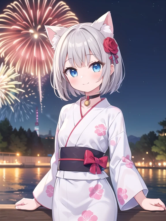((Fireworks display)), Pier, (One girl), cute, {(Peony stalk), Floral print, yukata}, (happiness:1.3), (Cat ear), (choker), ((Gray Hair)), Bobcut, hair ornaments, (Arms at your sides), Blue Eyes, night, Outdoor, (Cowboy Shot), ((Highest quality)), ((masterpiece)), (detailed), Perfect Face, Perfect Arms, Perfect hands, Perfect Fingers, anime, Ultra-fine illustration,