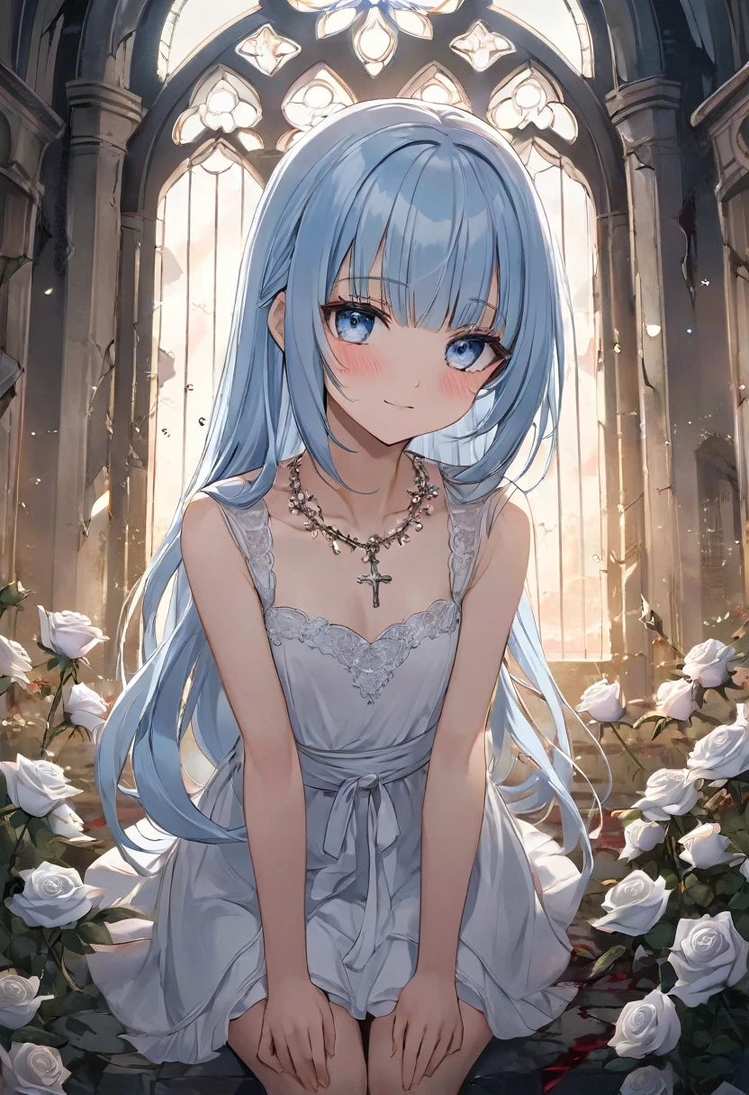 Masterpiece, best quality, extremely detailed, (illustration, official art: 1.1), ((((1 girl)))), ((light blue long hair))), light blue hair, ,young,,,,((blush)),, tareme, masterpiece, best quality, (a very delicate and beautiful girl)))), flat chest ,amazing, beautiful detailed eyes, blunt bangs (((little delicate girl)))), tareme、, from which small drops of blood fall, running across her . with an empty expression and a weak smile on her face. She wears a short white dress that reaches her knees. Several silver roses adorn her body, while sharp-thorned roots resemble necklaces, wrapping around her hands and waist. The setting is a ruined church, with cracked walls and broken windows, where light timidly enters. Next to her is an altar holding a cross adorned with several roses. The atmosphere has a melancholic and mysterious air, highlighting the loneliness and the contrast between the girl's beauty and pain.