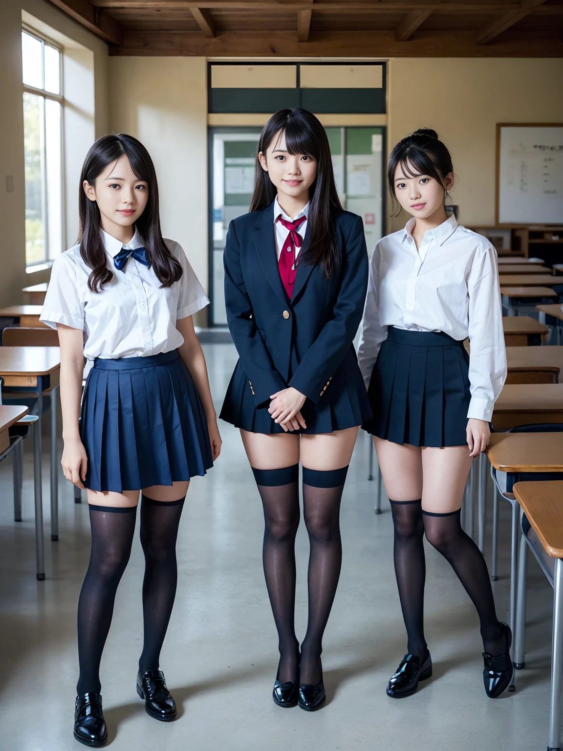 (Highest quality, masterpiece, Photorealistic, Super detailed, Ultra-high resolution, born:1.3), (Three Girls:1.3), beautiful, 日本人の女子高born, 16 years old, In the classroom, 学born服,Navy blue high waist pleated mini skirt, (Black Stockings),(smile), (bangs), (Long legs, whole body:1.2), (Standing side by side)