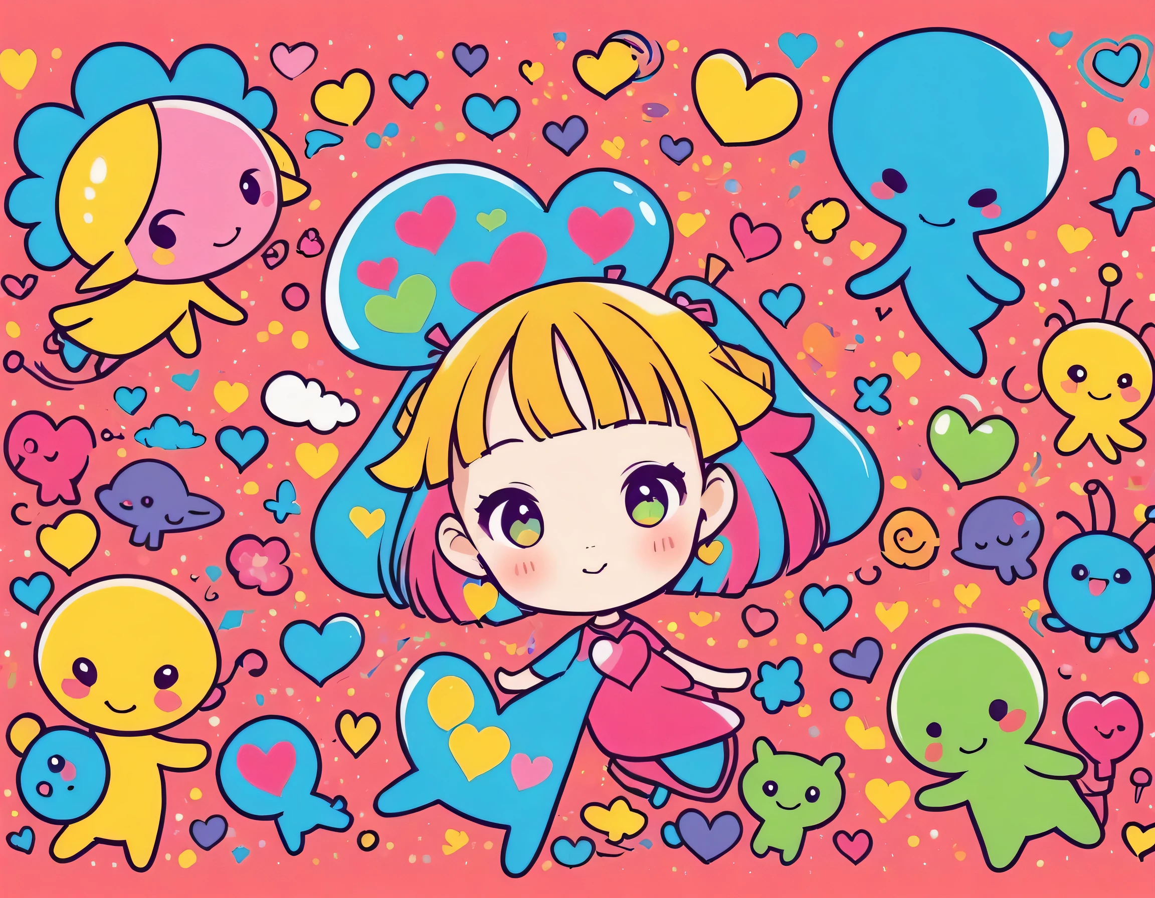 Keith Haring colorfull style, Simple Line Initialism,Abstract art,(((The most beautiful girl of all time))), Sweet face. colorful hearts, kawaii design, (((Cute Aliens))), The background is space
