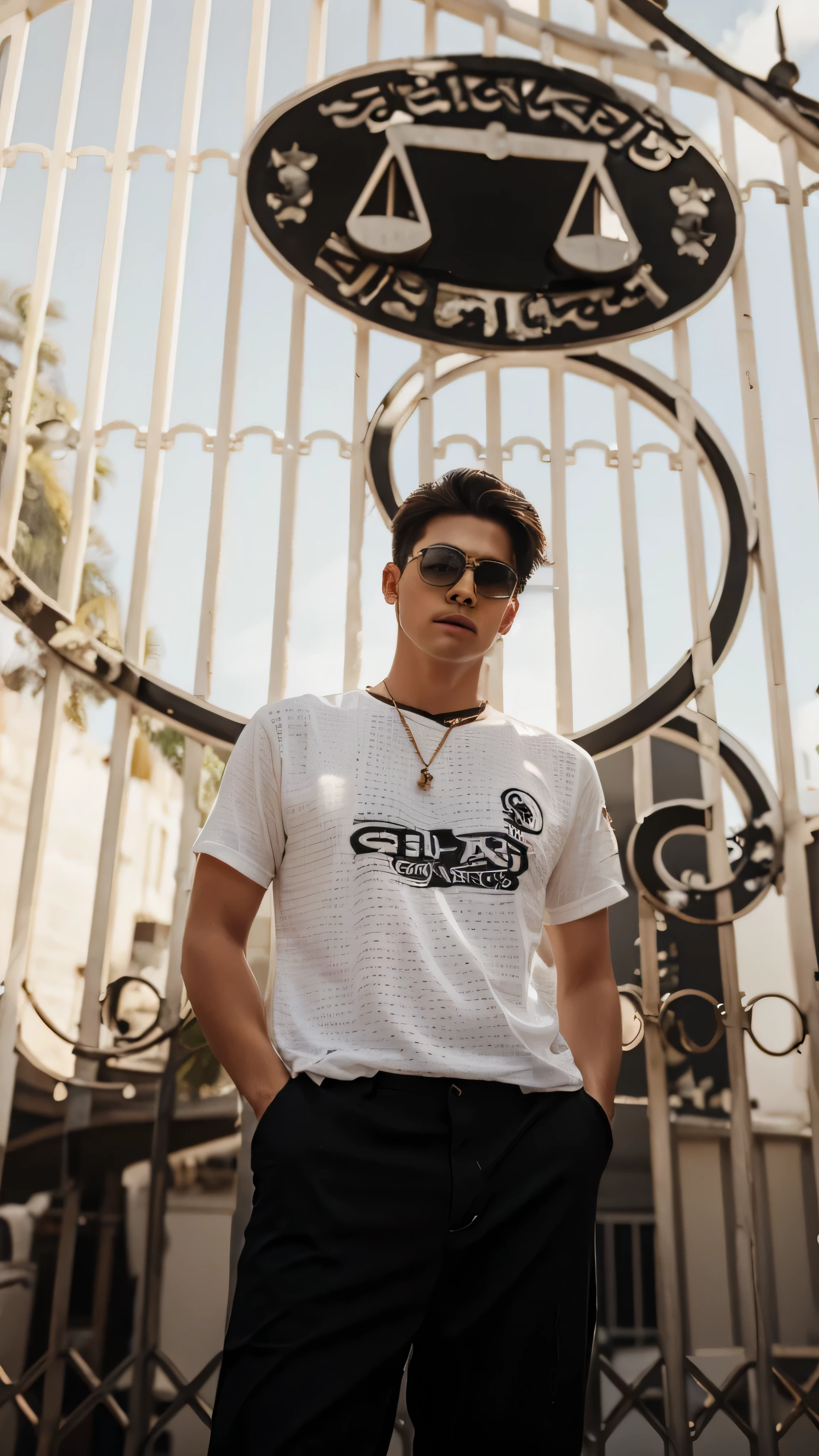 Cute boy, wearing sunglasses, white shirt, black pant, realistic, 8k